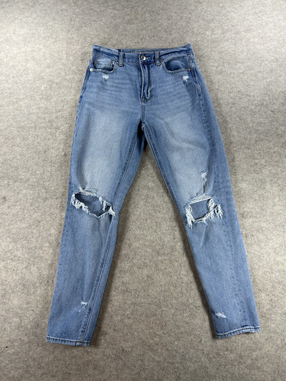 American Eagle Ripped Mom Jeans Light Wash High Rise Distressed Denim Size 0R